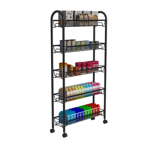 5-Tier Storage Rack, WASJOYE Utility Cart Gap Mesh Wire Kitchen Sauce Organization Trolley Rolling Cart with Lockable Wheels for Office, Bathroom, Nursery, School Supplies, Narrow Place (Black)