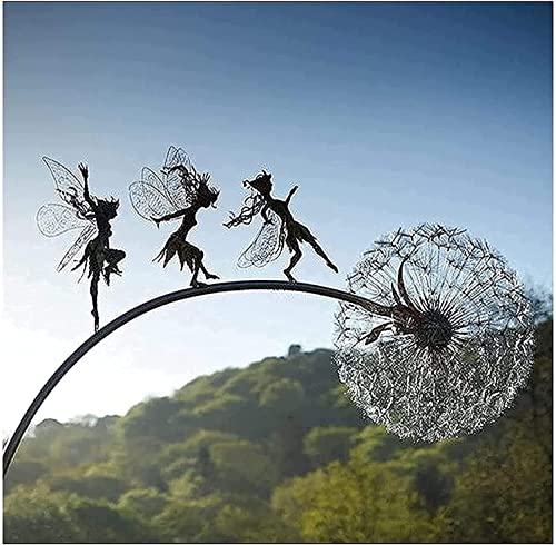 Fairies Dandelions Garden Art Sculpture Dance Together Yard Decorations Stainless Steel Metal Garden Fairy Ornaments Decoration for Outdoor