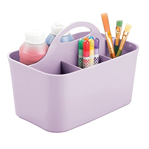 mDesign Art Supplies Organiser – Practical Plastic Arts and Crafts Storage Box with Carrying Handle – Desk Organiser with Compartments for Storing Many Items – Light Purple