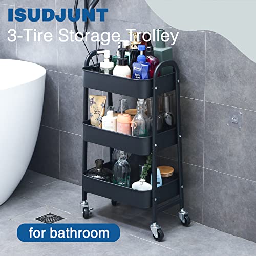 ISUDJUNT Metal Storage Trolley - 3-Tier Rolling Cart with Lockable Wheels - Multi-Purpose Cart with Handle - Mobile Shelving Organizer for Bathroom, Office, Kitchen, Bedroom, Garage Black