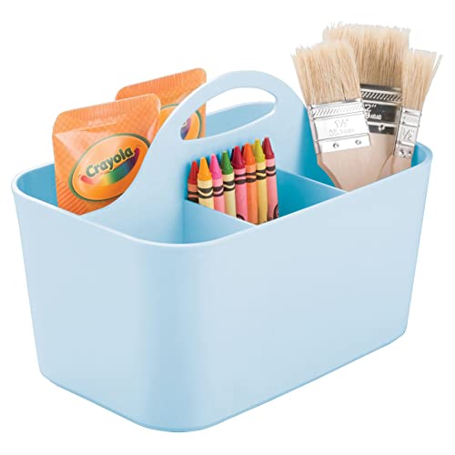 mDesign Art Supplies Organiser – Practical Plastic Arts and Crafts Storage Box with Carrying Handle – Desk Organiser with Compartments for Storing Many Items – Light Blue
