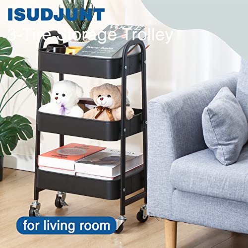 ISUDJUNT Metal Storage Trolley - 3-Tier Rolling Cart with Lockable Wheels - Multi-Purpose Cart with Handle - Mobile Shelving Organizer for Bathroom, Office, Kitchen, Bedroom, Garage Black