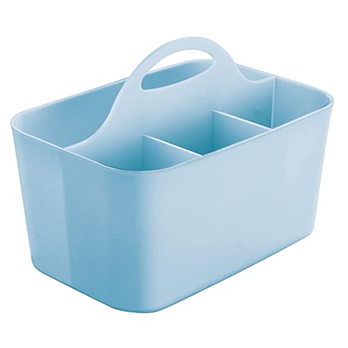 mDesign Art Supplies Organiser – Practical Plastic Arts and Crafts Storage Box with Carrying Handle – Desk Organiser with Compartments for Storing Many Items – Light Blue