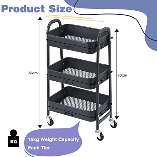 ISUDJUNT Metal Storage Trolley - 3-Tier Rolling Cart with Lockable Wheels - Multi-Purpose Cart with Handle - Mobile Shelving Organizer for Bathroom, Office, Kitchen, Bedroom, Garage Black