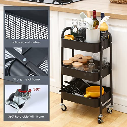 ISUDJUNT Metal Storage Trolley - 3-Tier Rolling Cart with Lockable Wheels - Multi-Purpose Cart with Handle - Mobile Shelving Organizer for Bathroom, Office, Kitchen, Bedroom, Garage Black