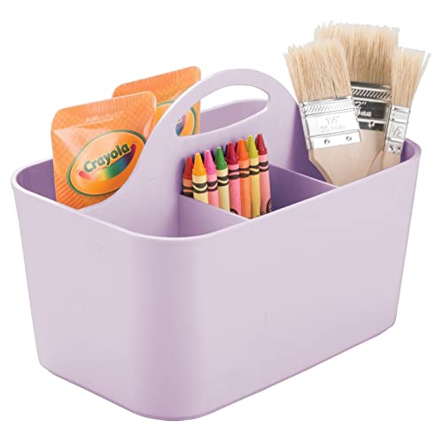 mDesign Art Supplies Organiser – Practical Plastic Arts and Crafts Storage Box with Carrying Handle – Desk Organiser with Compartments for Storing Many Items – Light Purple