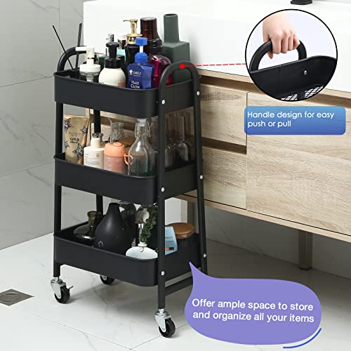 ISUDJUNT Metal Storage Trolley - 3-Tier Rolling Cart with Lockable Wheels - Multi-Purpose Cart with Handle - Mobile Shelving Organizer for Bathroom, Office, Kitchen, Bedroom, Garage Black