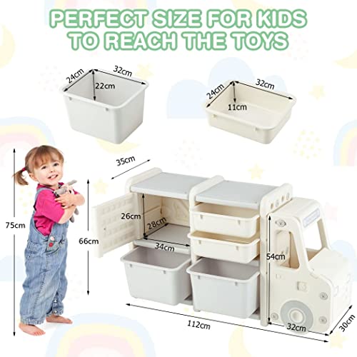 COSTWAY Kids Storage Units, Children Toy Organizer with 2 Plastic Bins, 2 Drawers, Single Door Cabinet and Hollow Front End, for Nursery Playroom Bedroom