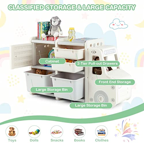 COSTWAY Kids Storage Units, Children Toy Organizer with 2 Plastic Bins, 2 Drawers, Single Door Cabinet and Hollow Front End, for Nursery Playroom Bedroom