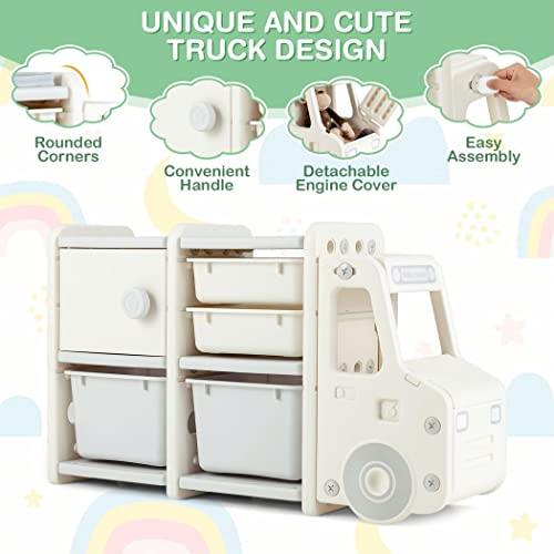 COSTWAY Kids Storage Units, Children Toy Organizer with 2 Plastic Bins, 2 Drawers, Single Door Cabinet and Hollow Front End, for Nursery Playroom Bedroom