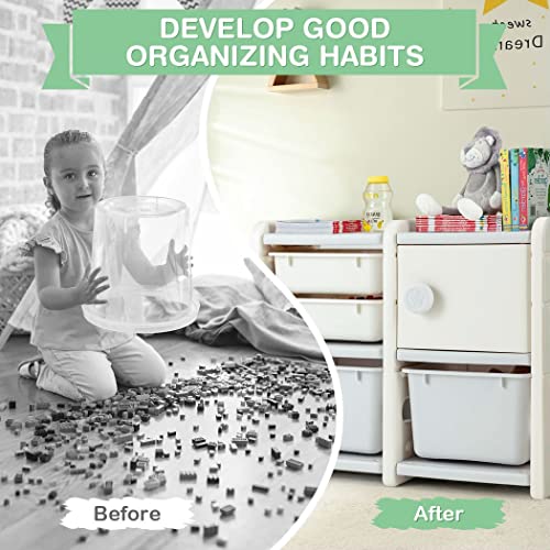 COSTWAY Kids Storage Units, Children Toy Organizer with 2 Plastic Bins, 2 Drawers, Single Door Cabinet and Hollow Front End, for Nursery Playroom Bedroom