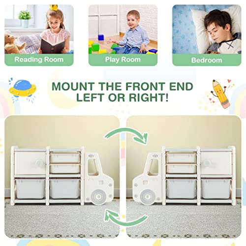 COSTWAY Kids Storage Units, Children Toy Organizer with 2 Plastic Bins, 2 Drawers, Single Door Cabinet and Hollow Front End, for Nursery Playroom Bedroom