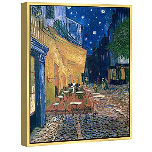 Wieco Art Gold Framed Cafe Terrace at Night by Van Gogh Modern Cityscape Canvas Prints Pictures on Canvas Wall Art for Bedroom Kitchen Home Decoration
