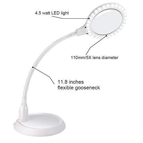 Dimmable Magnifying Lamp,5X Large Hands Free Magnifying Glass with Light and Stand for Reading Workbench Artist Hobbies