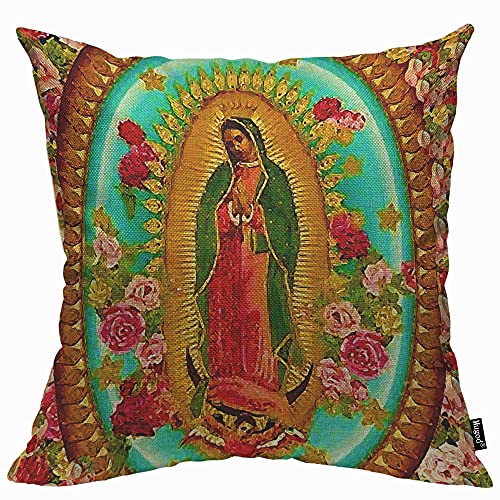 Mugod Mexico Our Lady Guadalupe Cushion Cover Throw Pillow Covers Mexican Saint Virgin Catholic Pillow Case for Men Women Decorative Home Sofa Chair Couch 45x45cm/18x18 Inch