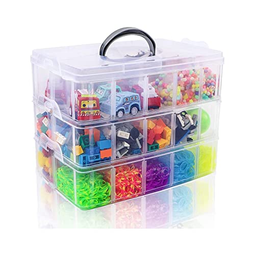 DRSUMLF 3-Tier Demountable Plastic Jewelry Box with 30 Adjustable Compartments, Plastic Organizer Box with Handle for Art & Crafts Accessories, Beauty Supplies, Fuse Beads, Washi Tapes