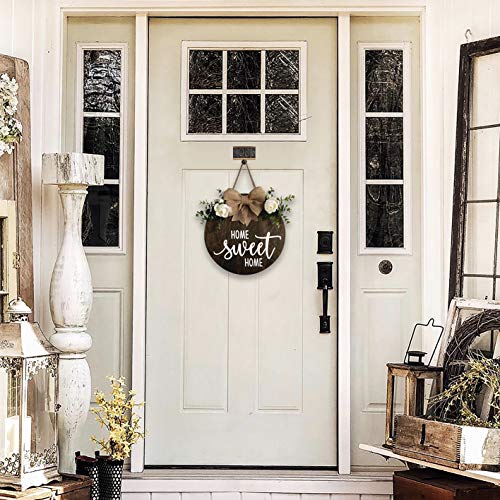 NC MaySunset Home Sweet Home Wreaths Decor Sign Front Door, Round Wood Hanging Sign with Ribbon Bow and Artificial Green Leaves, Farmhouse Porch Decorations for Home Thanksgiving, Brown
