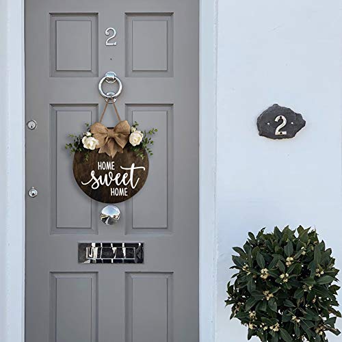 NC MaySunset Home Sweet Home Wreaths Decor Sign Front Door, Round Wood Hanging Sign with Ribbon Bow and Artificial Green Leaves, Farmhouse Porch Decorations for Home Thanksgiving, Brown