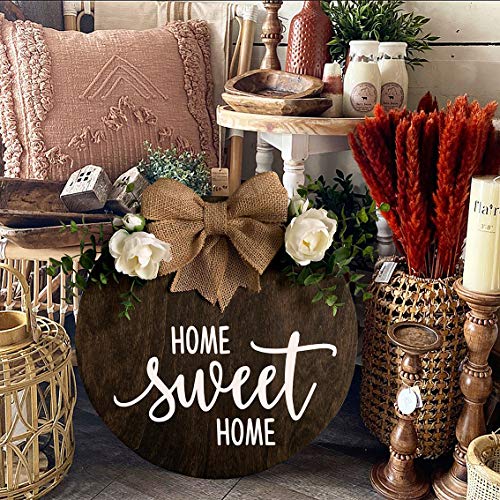 NC MaySunset Home Sweet Home Wreaths Decor Sign Front Door, Round Wood Hanging Sign with Ribbon Bow and Artificial Green Leaves, Farmhouse Porch Decorations for Home Thanksgiving, Brown