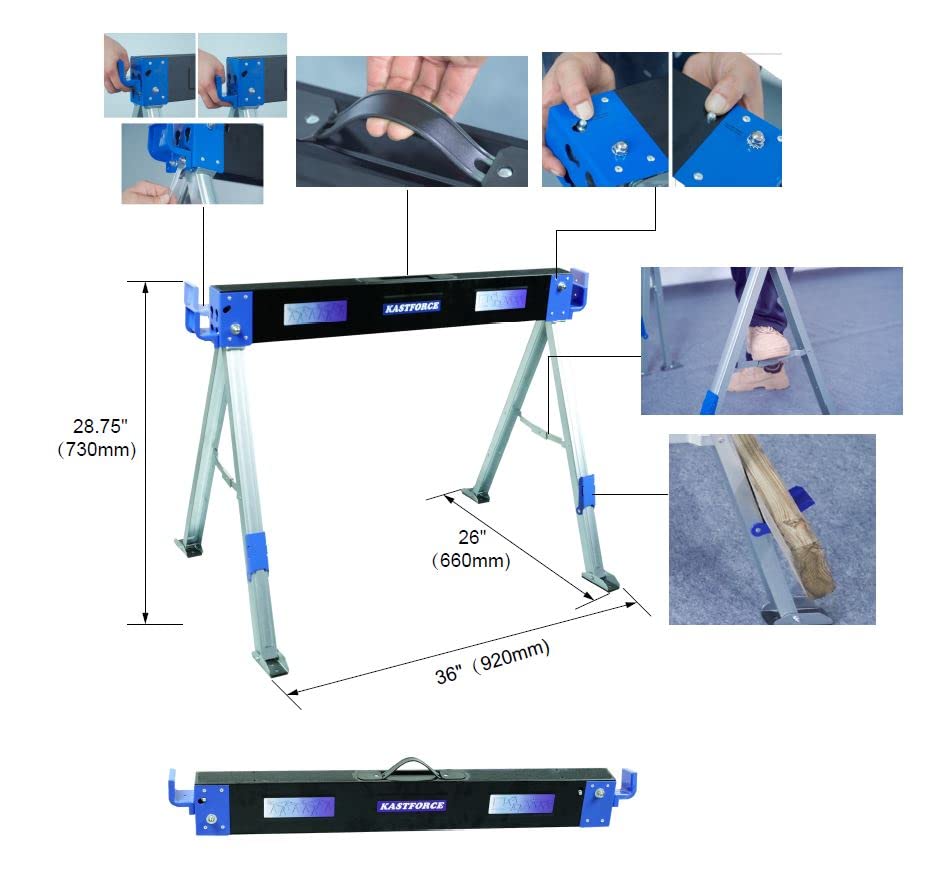 KASTFORCE KF3005 Folding Sawhorse 1000 kg Capacity Heavy Duty Saw Horse Jobsite Table Stand with Folding Legs Twin Pack