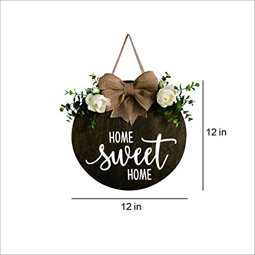 NC MaySunset Home Sweet Home Wreaths Decor Sign Front Door, Round Wood Hanging Sign with Ribbon Bow and Artificial Green Leaves, Farmhouse Porch Decorations for Home Thanksgiving, Brown