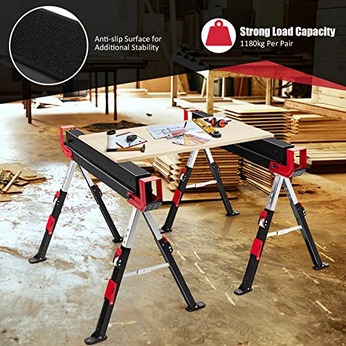 GiantexUK 2PCS Folding Saw Horse, Adjustable Steel Work Bench, Heavy Duty Twin Pack Sawhorse Supports Up to 1180kg Capacity