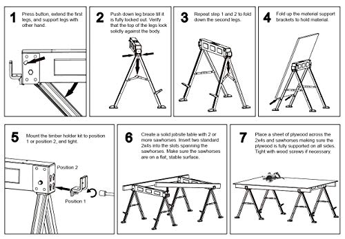 KASTFORCE KF3005 Folding Sawhorse 1000 kg Capacity Heavy Duty Saw Horse Jobsite Table Stand with Folding Legs Twin Pack