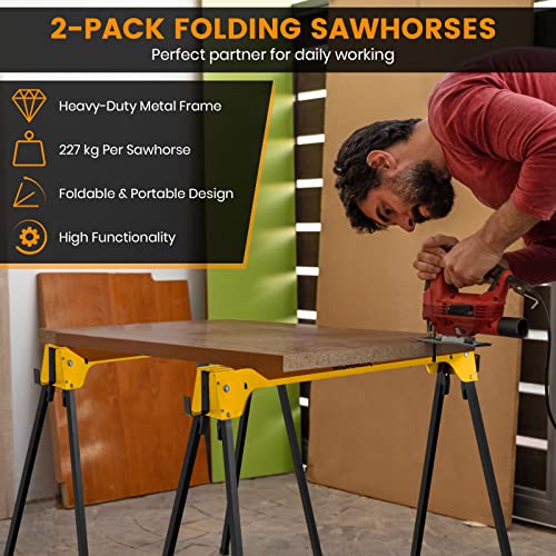 COSTWAY Folding Saw Horse Twin Pack, Heavy Duty Work Bench with Footpads and Convenient Handle, Fully Assembled Metal Trestle Stands Sawhorse for Sawing Work, Max Load 454kg (Yellow)