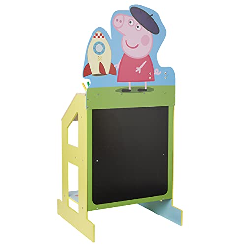 Peppa Pig Wooden Play Easel, 3 areas for play and creative activities; drawing area, chalkboard, and fun 2-story Peppa house.
