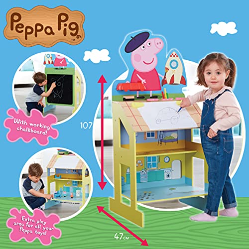 Peppa Pig Wooden Play Easel, 3 areas for play and creative activities; drawing area, chalkboard, and fun 2-story Peppa house.