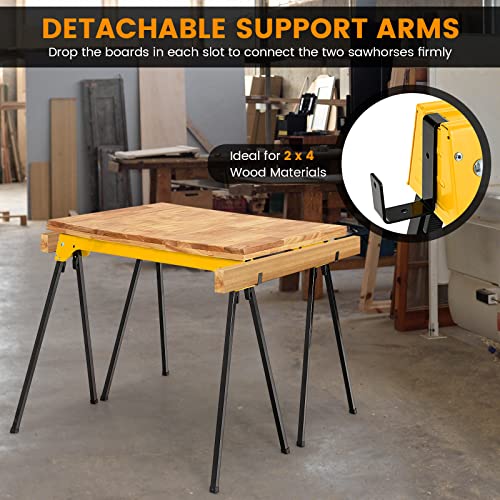 COSTWAY Folding Saw Horse Twin Pack, Heavy Duty Work Bench with Footpads and Convenient Handle, Fully Assembled Metal Trestle Stands Sawhorse for Sawing Work, Max Load 454kg (Yellow)