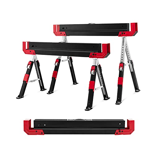 GiantexUK 2PCS Folding Saw Horse, Adjustable Steel Work Bench, Heavy Duty Twin Pack Sawhorse Supports Up to 1180kg Capacity