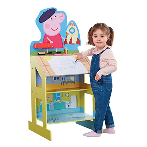 Peppa Pig Wooden Play Easel, 3 areas for play and creative activities; drawing area, chalkboard, and fun 2-story Peppa house.