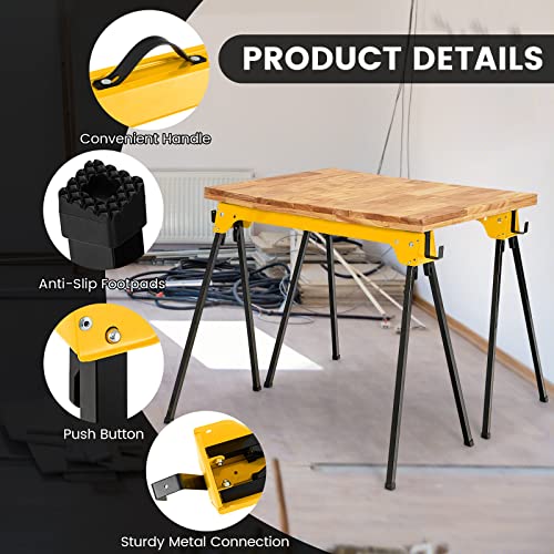 COSTWAY Folding Saw Horse Twin Pack, Heavy Duty Work Bench with Footpads and Convenient Handle, Fully Assembled Metal Trestle Stands Sawhorse for Sawing Work, Max Load 454kg (Yellow)