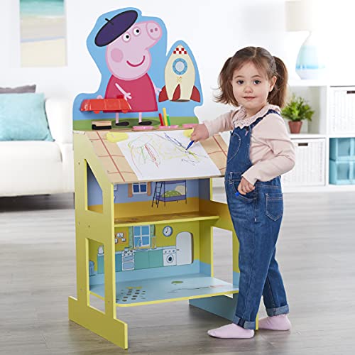 Peppa Pig Wooden Play Easel, 3 areas for play and creative activities; drawing area, chalkboard, and fun 2-story Peppa house.