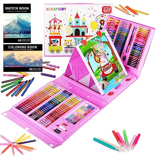 KINSPORY Art Set for Kids, 228PCS Art Kits For Kids, Deluxe Painting Art Set, Coloring Drawing Art Supplies Case Gift for Artists Teens Adults Boys Girls 4 5 6 7 8 9 10 11 12 (Pink)