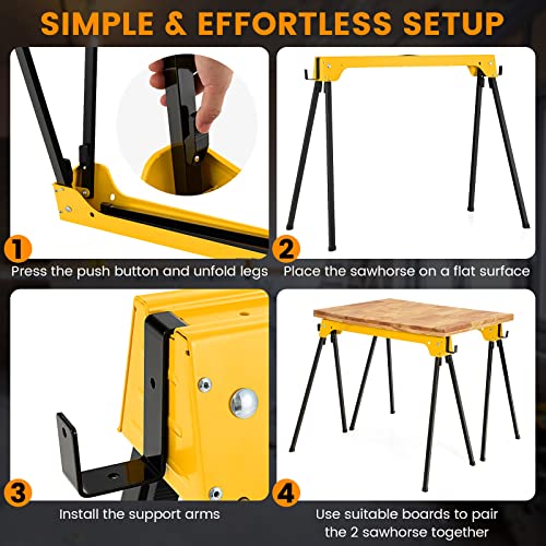COSTWAY Folding Saw Horse Twin Pack, Heavy Duty Work Bench with Footpads and Convenient Handle, Fully Assembled Metal Trestle Stands Sawhorse for Sawing Work, Max Load 454kg (Yellow)