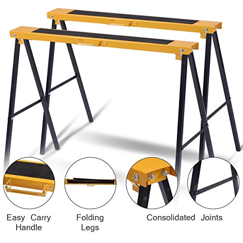 GiantexUK 2PCS Folding Saw Horse, Twin Pack Metal Trestle Stands with Non-Slip Work Surface and Convenient Handle, Heavy Duty Workbench for Garage Workshop Warehouse Home DIY, Load Capacity 275 kg