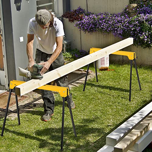 COSTWAY Folding Saw Horse Twin Pack, Heavy Duty Work Bench with Footpads and Convenient Handle, Fully Assembled Metal Trestle Stands Sawhorse for Sawing Work, Max Load 454kg (Yellow)