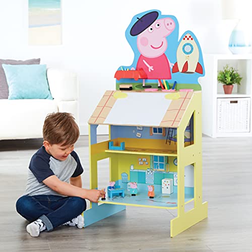 Peppa Pig Wooden Play Easel, 3 areas for play and creative activities; drawing area, chalkboard, and fun 2-story Peppa house.
