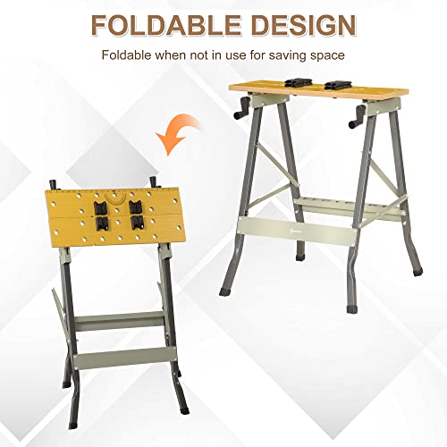 DURHAND 4-in-1 Work Bench, Saw Horse Folding Clamp Table w/ 4 Adjustable Clamping Pegs for DIY Home Garage, Grey