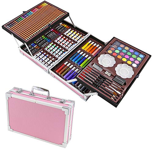 ArtBoss 145-Piece 2 Layers, Kids Art Set Studio Supplies for Drawing, Painting, Portable Aluminum Case Art Kit for Kids, Teens, Adults Great Gift for Beginner and Serious Artists (Pink)