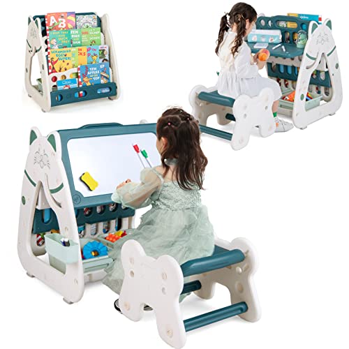 GYMAX 3 in 1 Kids Art Easel, Height Adjustable Toddler Drawing Easel with 4-Tier Bookshelf, 2 Storage Baskets, Pen Container, Eraser & 4 Markers, Children Table and Chair Set for Boys Girls (Green)