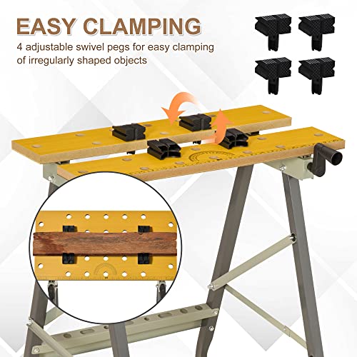DURHAND 4-in-1 Work Bench, Saw Horse Folding Clamp Table w/ 4 Adjustable Clamping Pegs for DIY Home Garage, Grey