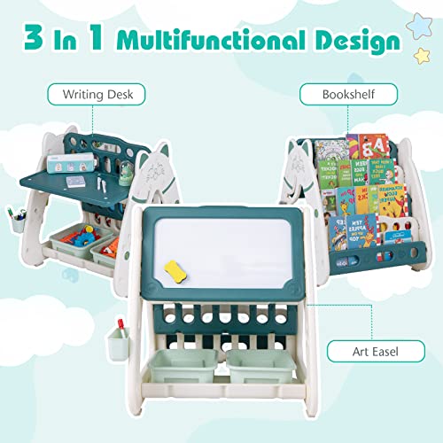 GYMAX 3 in 1 Kids Art Easel, Height Adjustable Toddler Drawing Easel with 4-Tier Bookshelf, 2 Storage Baskets, Pen Container, Eraser & 4 Markers, Children Table and Chair Set for Boys Girls (Green)
