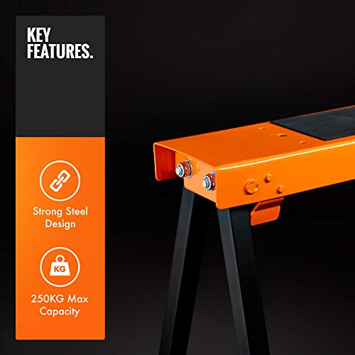 VonHaus Saw Horse Pair - Saw Horses Twin Pack with 250kg Weight Capacity - Log Saw Horse, Lightweight with Carry Handle and Non-Slip Work Surface - Portable Saw Horse for Cutting Logs