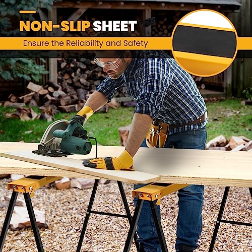 TANGZON Folding Saw Horse Twin Pack, 275KG Heavy Duty Workbench Metal Trestle Stands with Non-Slip Top & Handle, Portable Sawhorses Pair for Household Workshop Repair Shop