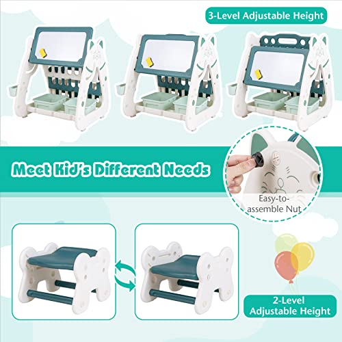 GYMAX 3 in 1 Kids Art Easel, Height Adjustable Toddler Drawing Easel with 4-Tier Bookshelf, 2 Storage Baskets, Pen Container, Eraser & 4 Markers, Children Table and Chair Set for Boys Girls (Green)