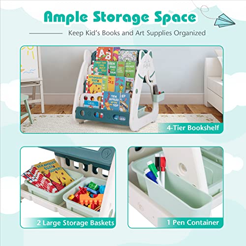 GYMAX 3 in 1 Kids Art Easel, Height Adjustable Toddler Drawing Easel with 4-Tier Bookshelf, 2 Storage Baskets, Pen Container, Eraser & 4 Markers, Children Table and Chair Set for Boys Girls (Green)