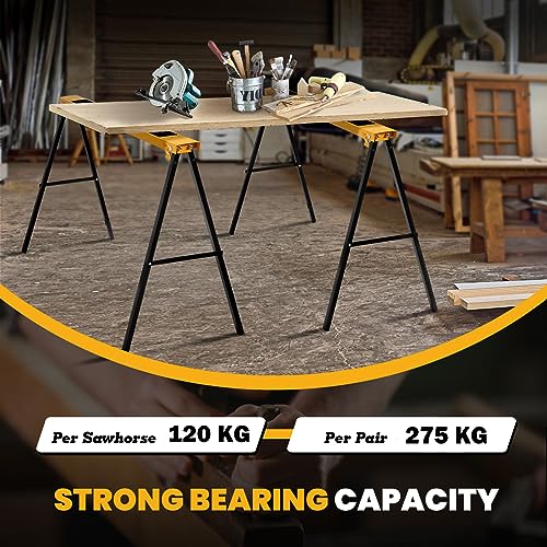 TANGZON Folding Saw Horse Twin Pack, 275KG Heavy Duty Workbench Metal Trestle Stands with Non-Slip Top & Handle, Portable Sawhorses Pair for Household Workshop Repair Shop